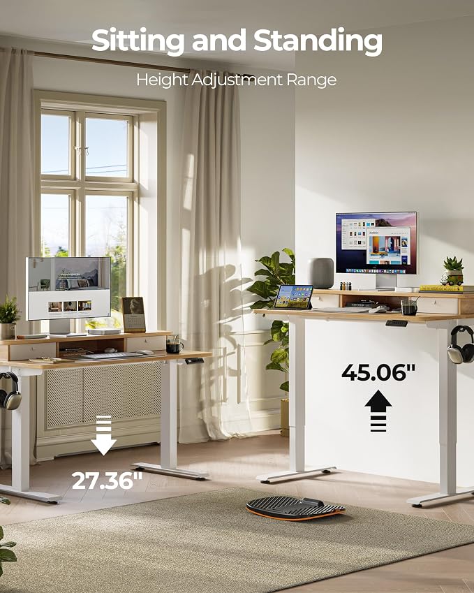 48x24 Inch Electric Standing Desk with Double Drawers, Adjustable Feet & Hooks, Ergonomic Home Office Workstation, Maple