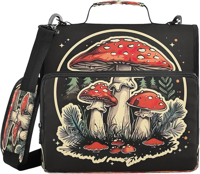 3 Ring Zipper Binder Red Mushroom Binder Organizer Portfolio with File and Shoulder Strap & Handle Large Capacity File Folder