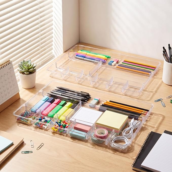 2 Pcs Desk Drawer Organizer Tray 14" x 9" x 1",Clear | Shallow Desk Drawer Organizer with 9 Storage Compartments for Home Office Classroom School Organizing Pens Paper Clips