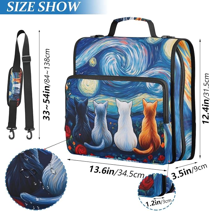 MNSRUU 3 Ring Binder Bag, 2 Inch D-Rings Easily Organizes 1 Inch Fits Letter Sized Paper, Cats Watching Stars Moon Large 3 Hole Zipper Binder Organizer for School Office Supplies