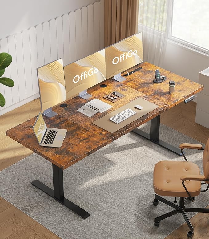 OffiGo 79 Inch Executive Electric Standing Desk, Height Adjustable Desk with Power Outlet & 1.38" Thick 3-Piece Desktop, Sit Stand Computer Desk for Home, Office, Conference Room, Rustic Brown