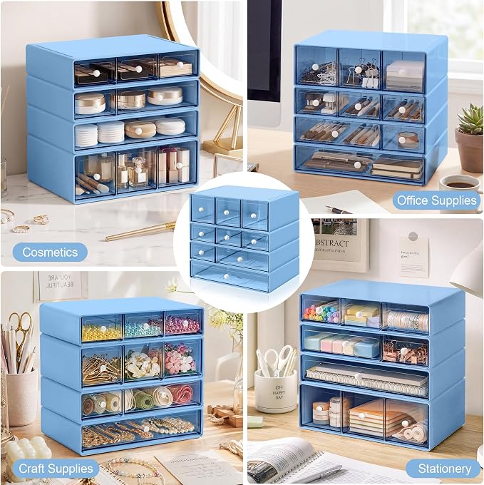Desk Organizer with 9 Drawers, 4 Tiers Stackable Storage Drawers, Desktop Storage Box with Clear Drawers for Stationery, Makeup, Jewelry, Office and Craft Supplies (Blue)