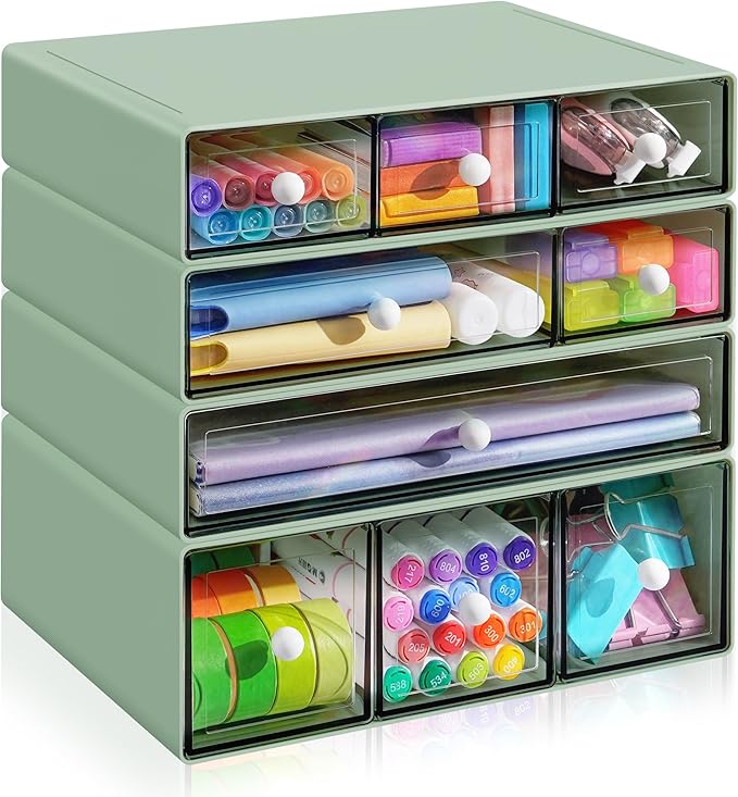 Desk Organizer with 9 Drawers, 4 Tiers Stackable Storage Drawers, Desktop Storage Box with Clear Drawers for Stationery, Makeup, Jewelry, Office and Craft Supplies (Green)