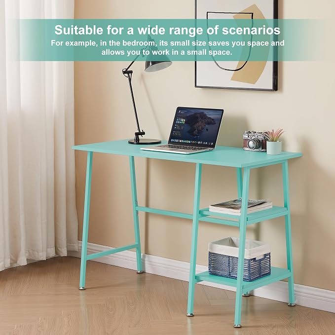 VECELO 43.1 Inch Computer Desk Home Office Blue Study Desk Work Office Table with Shelves Wooden Desk for Bedroom