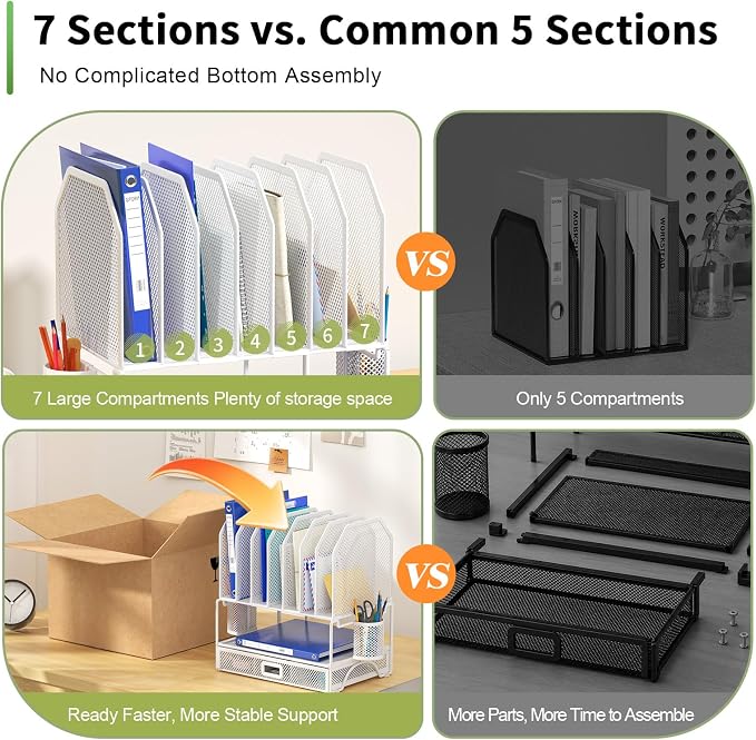FANXIYQ Metal Desk Organizer with Sliding Drawer, 7-Section File Organizer for Desk, Desktop File Folder & Paper Organizer with 2 Hanging Pen Holders, Office Supplies Organizer, White