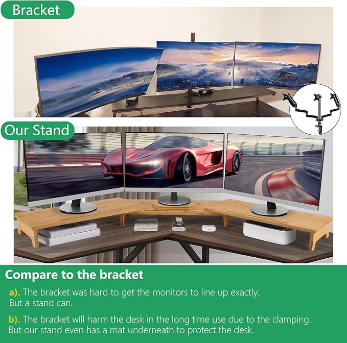 Nnewvante Monitor Stand Riser 60 inch Bamboo Dual Monitor Stand for Desk | Adjustable Length Angle, 3 Shelves Desktop Screen Riser, For Computer Laptop PC