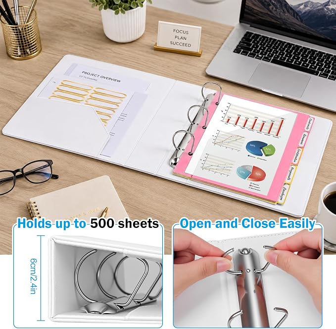 Meetory 2 Pack Binder 5.5" x 8.5", 1 Inch Rings, Leather Vintage Hardcover | holds 500 sheets,180° flat-lay,portable for easy document arrangement, Black & White Mini 3-Ring Binders with index dividers
