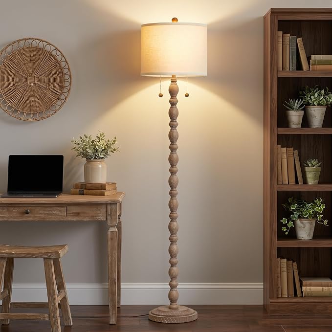 Luvkczc Farmhouse Floor Lamp for Living Room Bedroom, 62" Tall Standing Lamp with Dual Pull Chains, Vintage Resin Floor Lamp with 9W LED Bulb, Easy Assembly