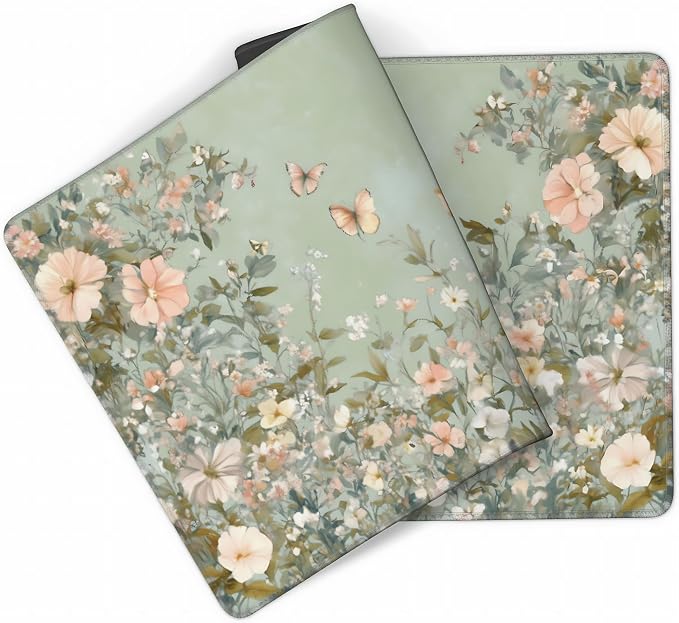 Cute Floral Aesthetic Wildflower Gaming Mouse Pad, Sage Green Macaron Desk Mat with Anti-Slip Base & Stitched Edges, Office & Home Desk Decor for Women, 35.4" x 15.7" in Computer Desktop Mat