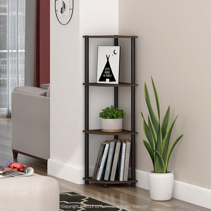 Furinno TURN-N-TUBE Corner Shelf, 4-Tier Corner Bookshelf, Display Storage Shelves with Open Shelves, for Organization and Storage, Living Room, Home Office, Garage, Columbia Walnut