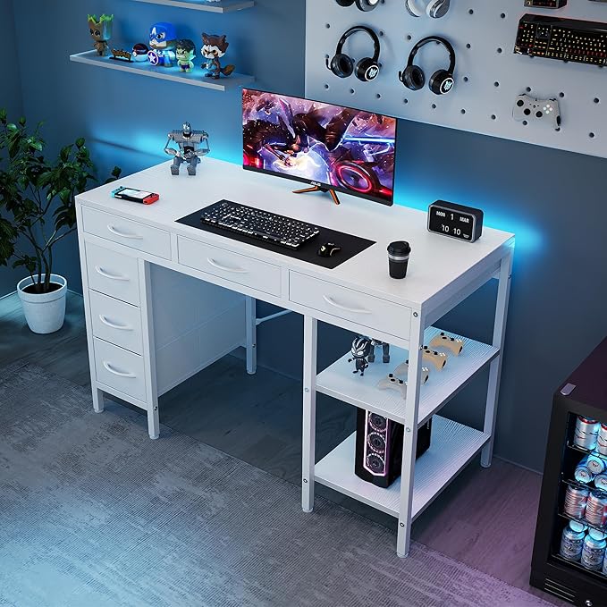Sweetcrispy 47" Computer Desk with 6 Fabric Drawers & Storage Shelves | Reversible Gaming Desk, Office Desk, Computer Workstation, Corner Desk with Storag, Home Office, Living Room, White