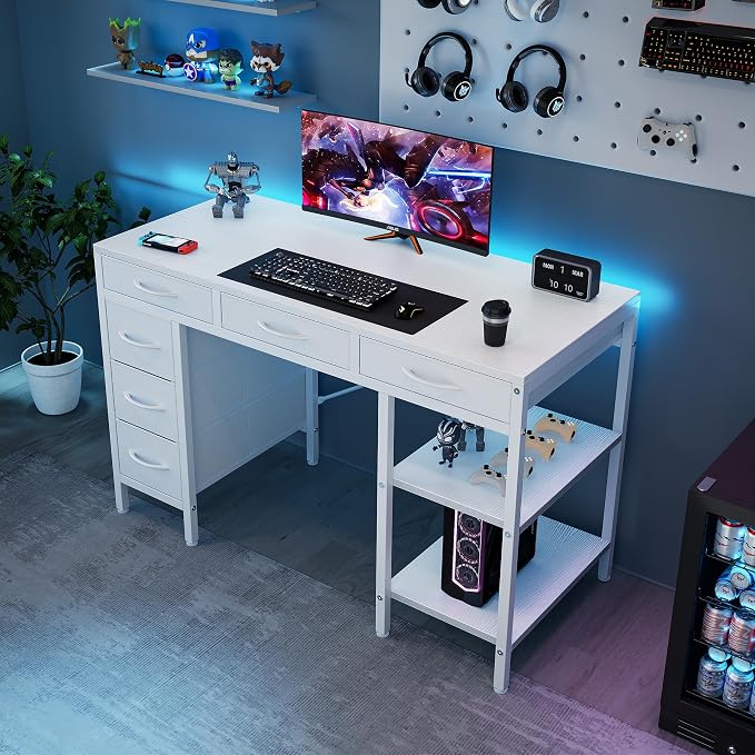 OLIXIS 47 Inch Computer Desk with 6 Fabric Drawers, for Home Office Work | 6 Fabric Drawers & Reversible Gaming Desk, Office Workstation, Corner Desk with Storage, Home Office,Living Room,Dorm, White