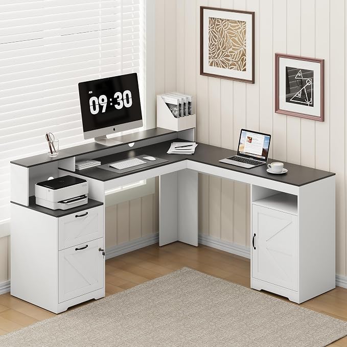 MALOL 63" Farmhouse L Shaped Executive Desk, Corner Computer Desk with Drawers & Storage Shelf, Home Office Desk with Power Outlet, Monitor Stand, Wood Grain Desktop, Black & Rustic Brown