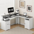 MALOL 63" Farmhouse L Shaped Executive Desk, Corner Computer Desk with Drawers & Storage Shelf, Home Office Desk with Power Outlet, Monitor Stand, Wood Grain Desktop, Black & Rustic Brown