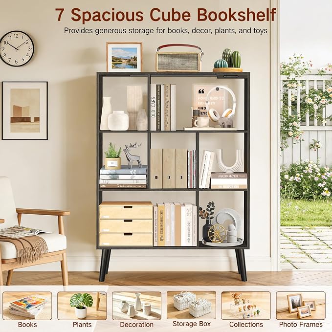7-Cube Bookshelf with LED Lights, Touch & Remote Control, Freestanding Open Bookcase Storage Shelf, Dimmable Modern Wooden Display Organizer with Legs for Living Room, Bedroom, Office(Black)
