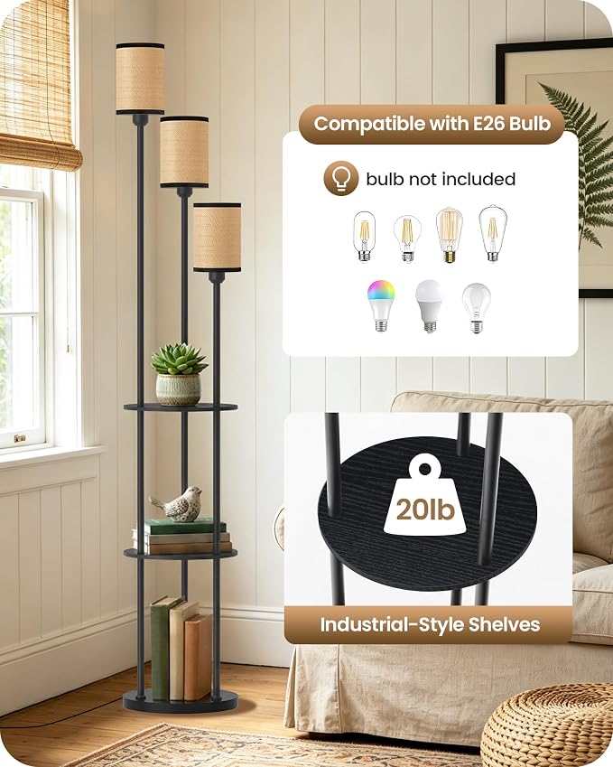 Floor Lamp with Shelves, for Living Room, 3-Light Standing Lamp | Modern Floor Lamp with Foot Switch, 3-Tier Shelf, 70.9" Tall Lamp, for Bedroom, Study, Office, Black and Yellow YB53LD05