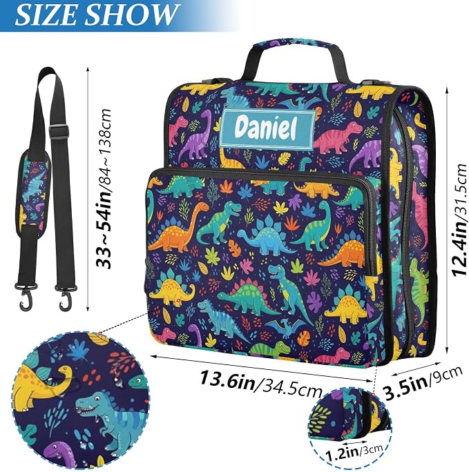 Custom Dinosaurs Leaves Black Print 3 Ring Zipper Binder with Shoulder Strap & Handle 1.5 Inch D-Ring Zippered Bag with Multiple Pocket, Personalized Binder Organizer for School or Office