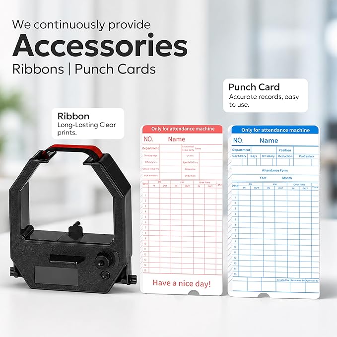 Time Clock for Employees Small Business, 6 U.S. Time Zones, Automatic Daylight Saving & Auto Time Update, Punch Card Time Recorder with 6 Punches Per Day-100 Time Cards and 2 Ribbons