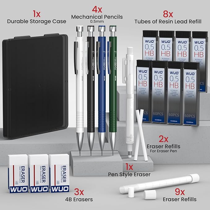 WUO 0.5 mm Mechanical Pencils with Eraser Pen Storage Case, 4 PCS