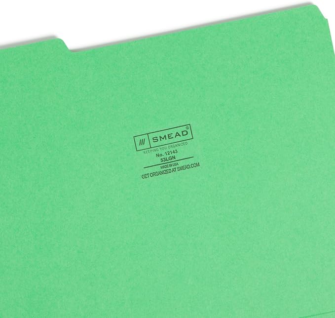 Smead Standard File Folders, 100 Count, Green, 1/3-Cut Tabs, Letter Size (12143)