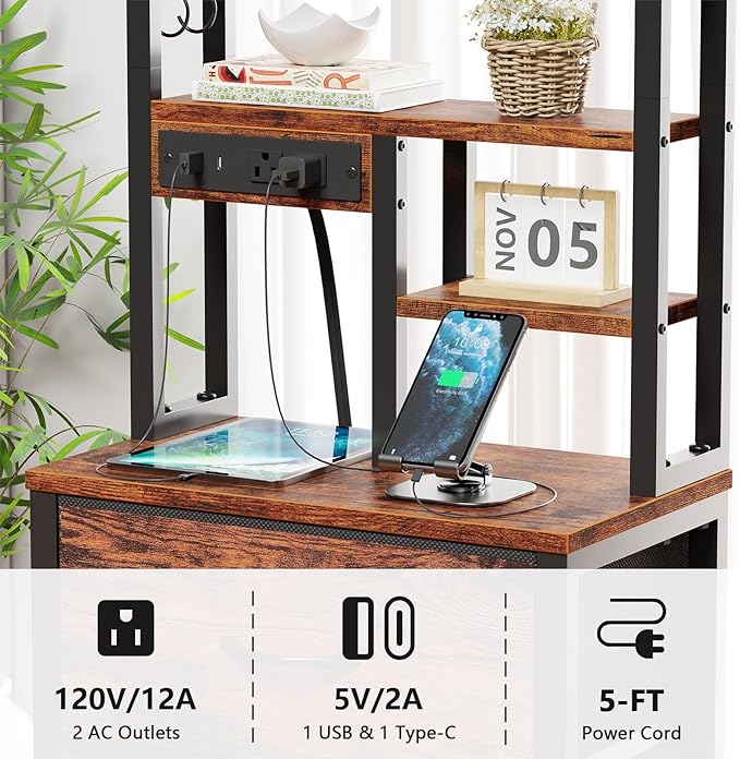 Night Stand Set 2, 45.3" Tall Bedside End Table, Rustic Brown | RGB LED Lights, 4-Tier Storage Shelves & 3 Fabric Drawers, Metal Frame, Wood Desktop, Easy Assembly for Bedroom Dorm Hallway