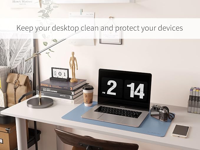 RENMTURE Dual-Sided Mouse Pad, Natural Cork & PU Leather Large Desk Pad for Office and Home Work, Desk Protector Non-Slip, Waterproof, Easy Clean (Blue Gray, 23.6" x 13.7")