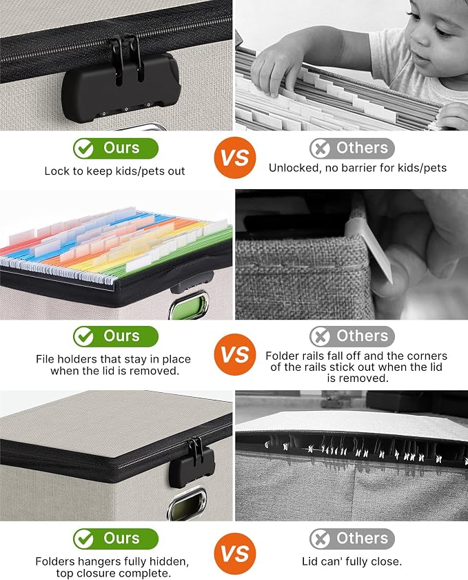 Oterri Lockable File Box Small 2-Pack Hanging Organizer for Letter-Size | Dustproof Lid. 3 Mesh Pockets. Collapsible Scratch-Resistant GRS Linen. Slide Rails. Office, Home, Dorm