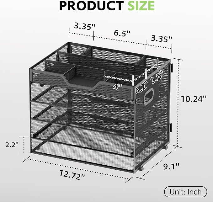 5 Tier Desk Organizer, Mesh Letter Tray Paper Organizer with 4 Adjustable Storage Compartments & Pen Holder, Metal Desk Accessories for Home Office School, Black