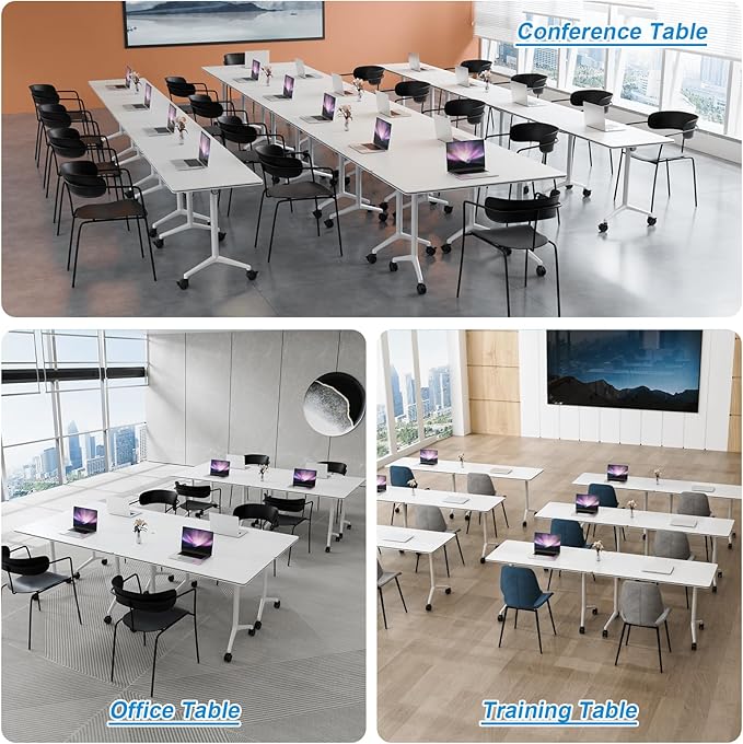 Conference Table Flip Top Mobile Conference Room Tables,Folding Conference Table with Wheels,Large Meeting Training Seminar Table Saving Space for Office Classroom (10, White, 70.8'')