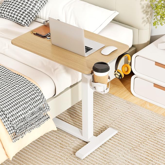 Tangkula Mobile Standing Desk, Pneumatic Height Adjustable Rolling Desk with Cup Holder & Headphone Hook, Overbed Table with Hidden Wheels, Laptop Computer Cart for Couch, Home, Office (Natural)