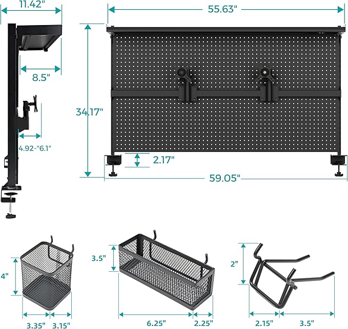 EUREKA ERGONOMIC Desk Pegboard Dual Monitor Stand 59x34 Black | Large steel pegboard with dual monitor stands, LED lighting, privacy panel and modular accessories for gaming desks