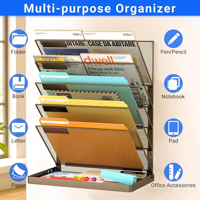 Legal /A4/ Letter Size Hanging Wall File Organizer Desktop File Organizer,6-Tier Wall Mount/Self Standing Paper Document Folder Holder,Mesh Magazine Rack for Office Home, Black ﻿
