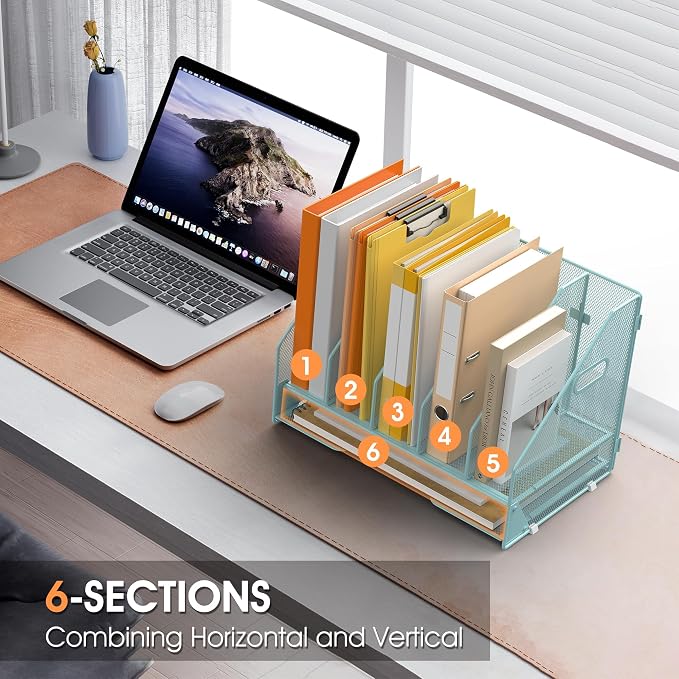 5 Vertical Mesh Desk Organizer with Paper Letter Tray, Blue | Sorting racks with lower letter tray section. Multipurpose mesh desktop space saver for home office and school
