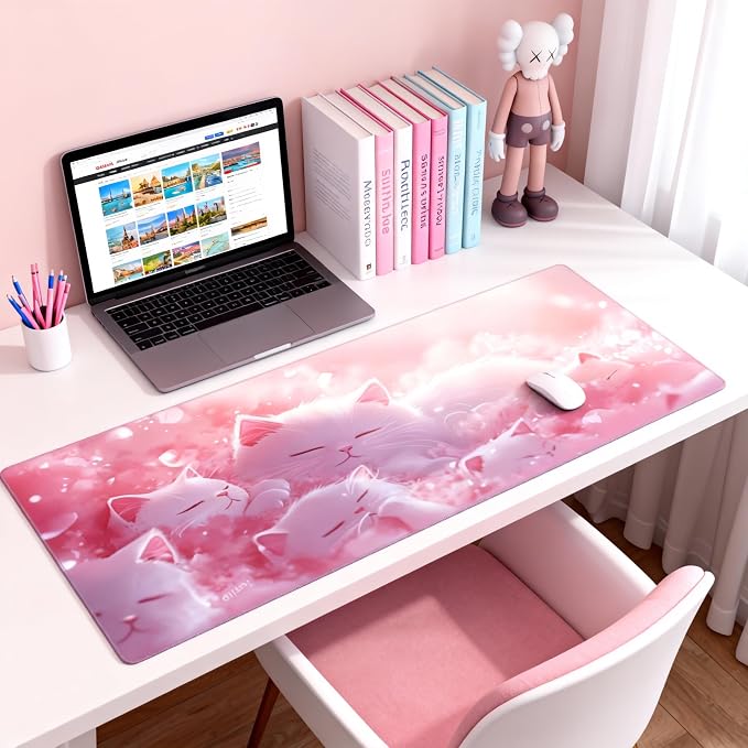 Cute Anime White Cat Gaming Mouse Pad, Pink Dreamy Desk Mat with Anti-Slip Base & Stitched Edges,35.4" x 15.7" in Table Mat for Computer Desktop, Beautiful Workstation Decor