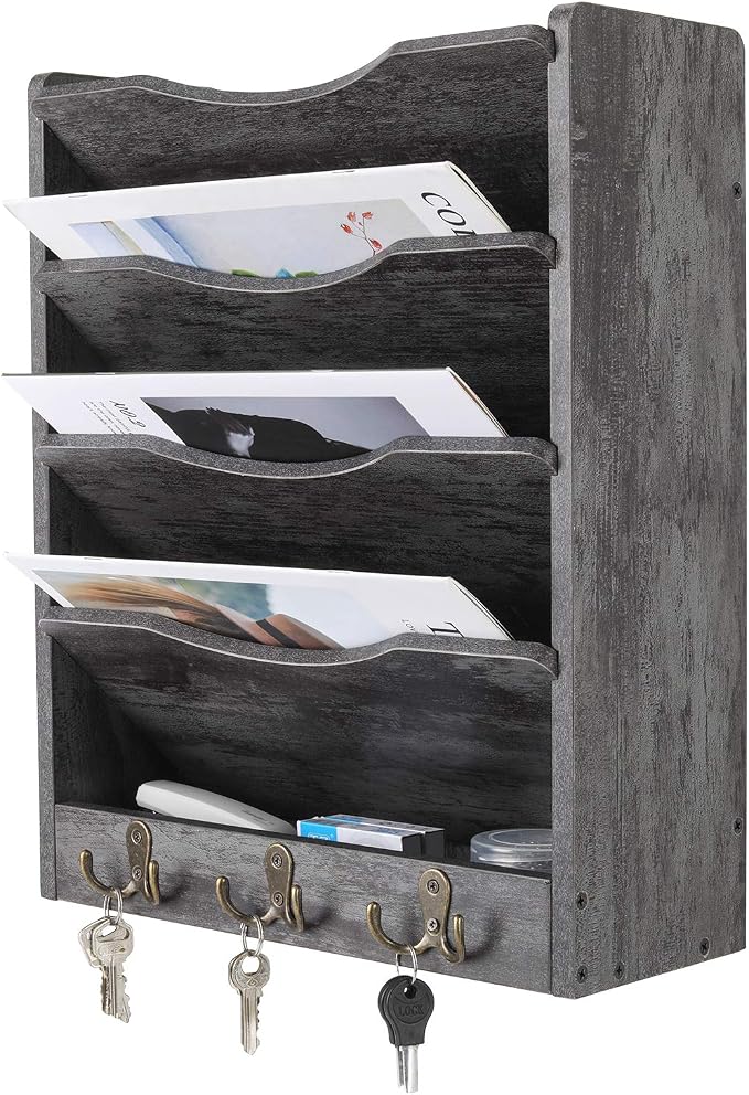 5-Tier Wall File Holder Hanging Mail Organizer Wood Magazine Literature Rack with 6 Hooks, Dark Gray