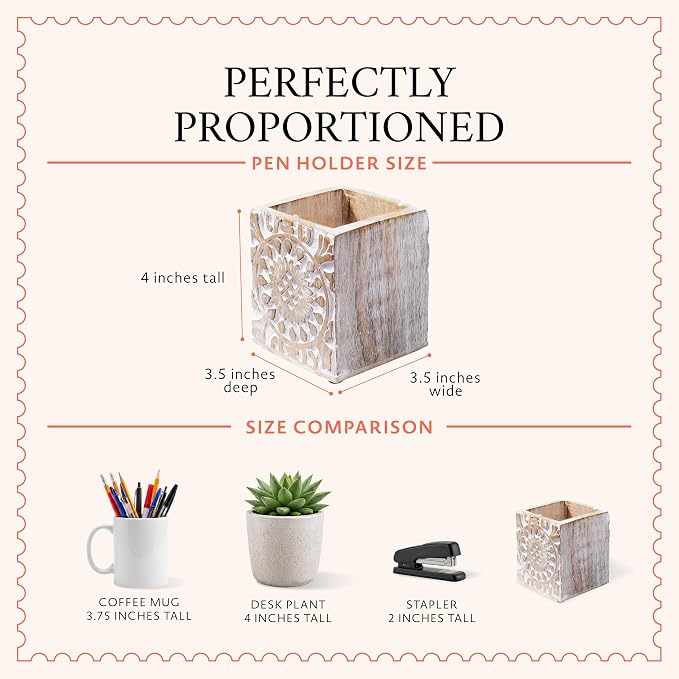 Ajenta Mango Wood Pen Holder - Whitewash | Hand-carved desk organizer pencil cup with felt base, handles pens, pencils, makeup brushes, art supplies and library decor.
