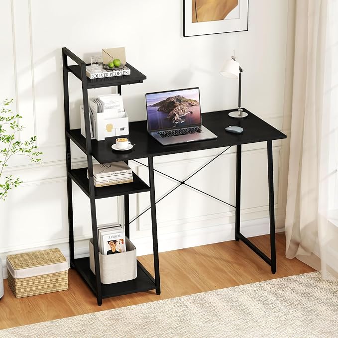 Giantex Computer Desk with Shelves, 47.5” Home Office Desk with Bookshelf, Host Stand, Metal Frame, PC Laptop Workstation, Modern Study Writing Desk for Bedroom, Small Space (Black)