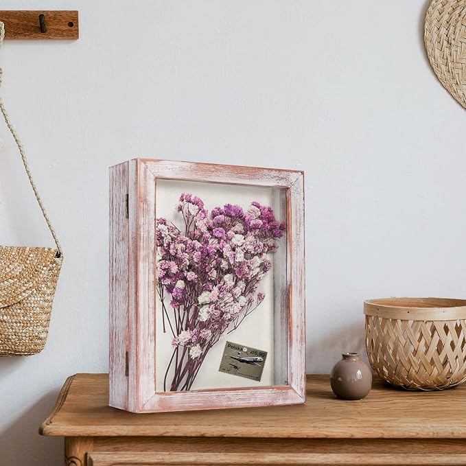 TJ.MOREE Shadow Box 8 x 10 Display Case Wood Picture Frame White Pink | Memory Box with Linen Back for Memorabilia, Bouquet, Military Medals, Pet Memorial Gifts