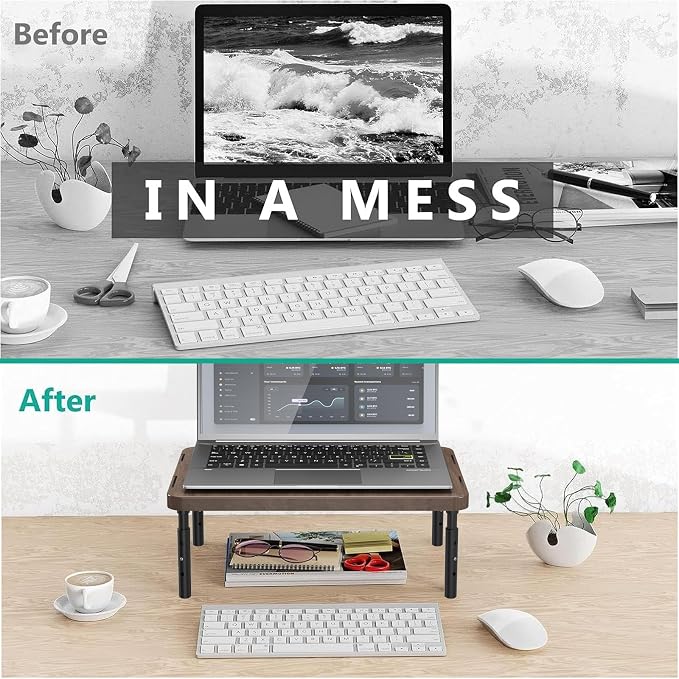 WALI Plastic Computer Monitor Stand, Adjustable Laptop Riser, up to 44 lbs | Desk Monitor Riser Underneath Storage, Fits Notebook, Laptops, Printers, for Home, Office, School(PTT001-C),1 Pack,Brown