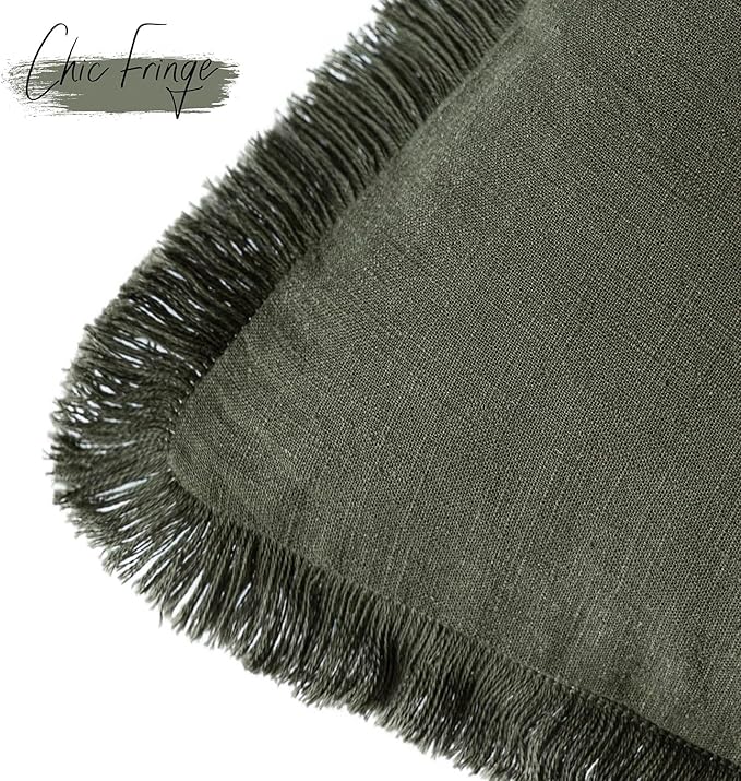 Foindtower Set of 2 Decorative Linen Fringe Lumbar Throw Pillow Covers Boho Farmhouse Cushion Cover with Tassels Accent Pillowcase for Couch Sofa Bed Living Room Home Decor,12×20 Inch,Dark Olive Green