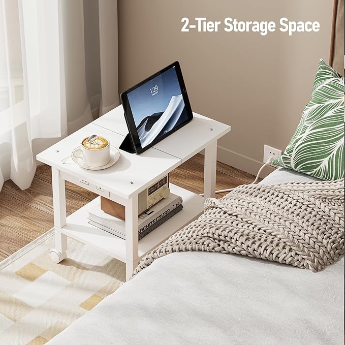 TUTOTAK Printer Stand, 2 Tier Rolling Printer Cart with Charging Station | Small Under Desk Printer Table with Wheels for Small Space, Office, Home, White PS01BW001P