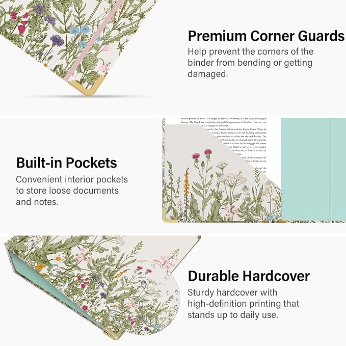 3 Ring Binder 3 Inch, Cute Round Ring Binder with 6 Tab Dividers & Label Stickers, Low Profile Clipboard with Storage, Fashion Binder for School Office Supplies (Garden Flowers)