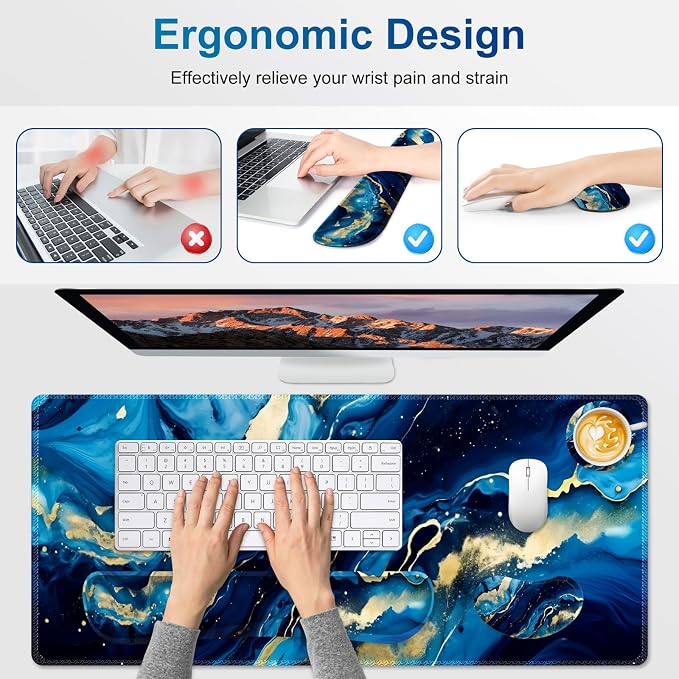 Desk Mat Pad, Gaming Mouse Pad Wrist Support Set, 4 in1 Non-Slip XXL Large Mousepad + Ergonomic Keyboard Wrist Rest+Mouse Wrist Rest+Coaster for Home Office Computer I Blue Gold Marble