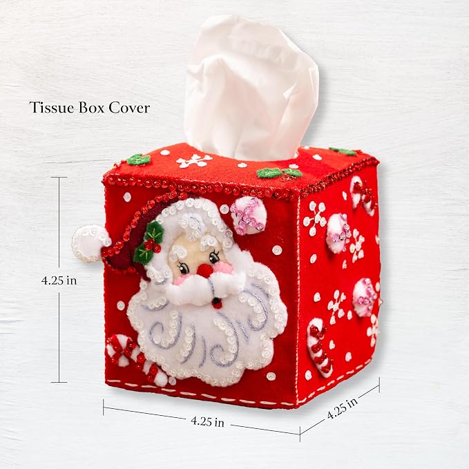 Bucilla Felt Applique Tissue Box Cover Kit, Jolly St. Nick, Perfect for Holiday DIY Arts and Crafts, 89678E