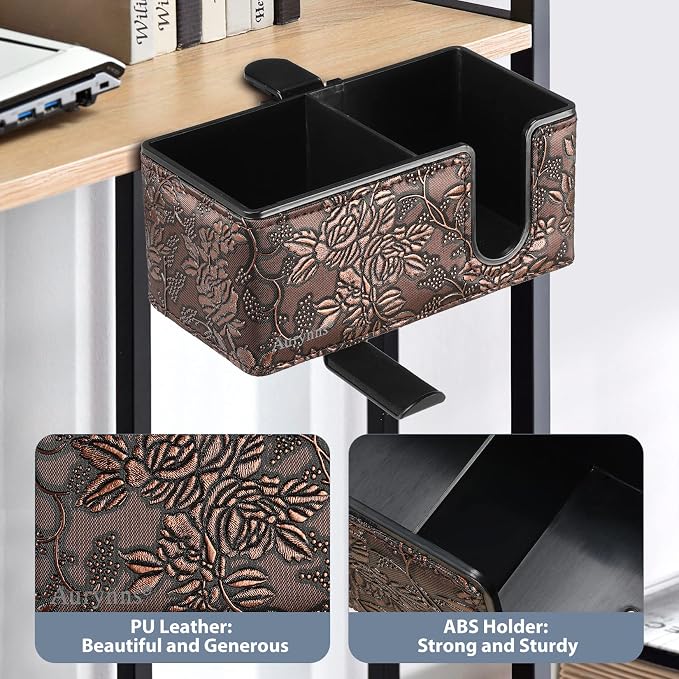 Under Desk Cup Holder Clamp on Cup Holder PU Leather Clip on Desk Organizer | Desk organizer with pencil holder clamp on side, under desk hanging organizer, clip on cup holder desk phone stand holder PU