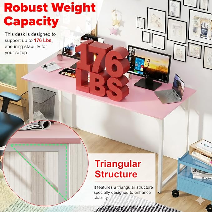 PayLessHere | 55 Inch Computer Desk | Pink | Office Desk with Metal Frame, Adjustable Feet | Water-Resistant, Scratchproof Surface | Sturdy Writing Table for Home Office or Study | Pack of 1