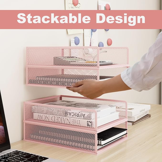 Natwind 4-Tier Stackable Metal Mesh Letter Paper Tray Organizer,Pink | Desk Organizer For Paper,Document,Mail Tray For Office Supplies,File Holder For Home Office School Classroom Organization