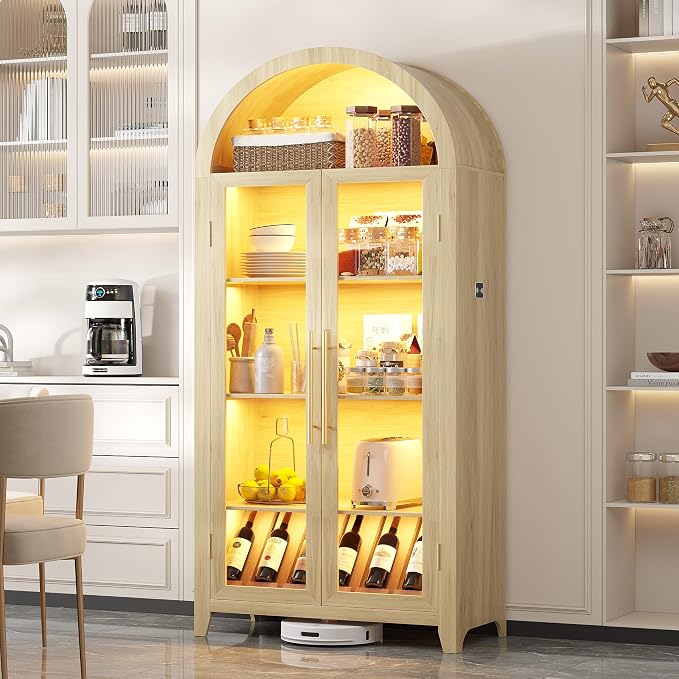 Vlsrka 71" Arched Kitchen Pantry Storage Cabinet with Glass Doors | 5-Tier Display Cabinet for Collectibles, Tall Bookcase with LED Light & Motion Sensor, Curio Cabinet with Adjustable Shelf