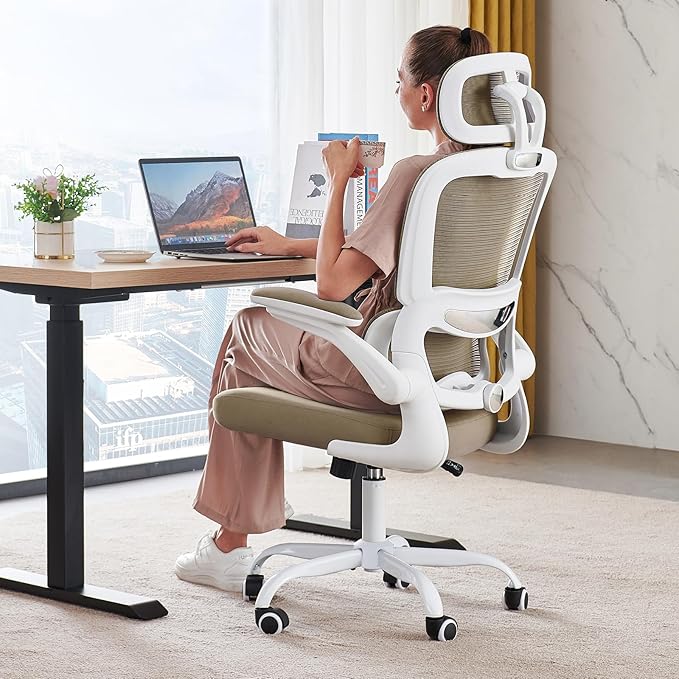 TRALT Office Chair Ergonomic Desk Chair - Gaming Chair with Lumbar Support | 330 LBS Home Office Desk Chairs with Headrest, Reading Chair with Flip-up Armrests, Comfortable Computer Chairs (1, Khaki)