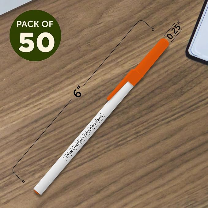 DISCOUNT PROMOS Custom Value Stick Pens Set of 50, Personalized Bulk Pack - Blue Ink, Great for Office, School, Business, Tradeshows, Events - Orange Cap